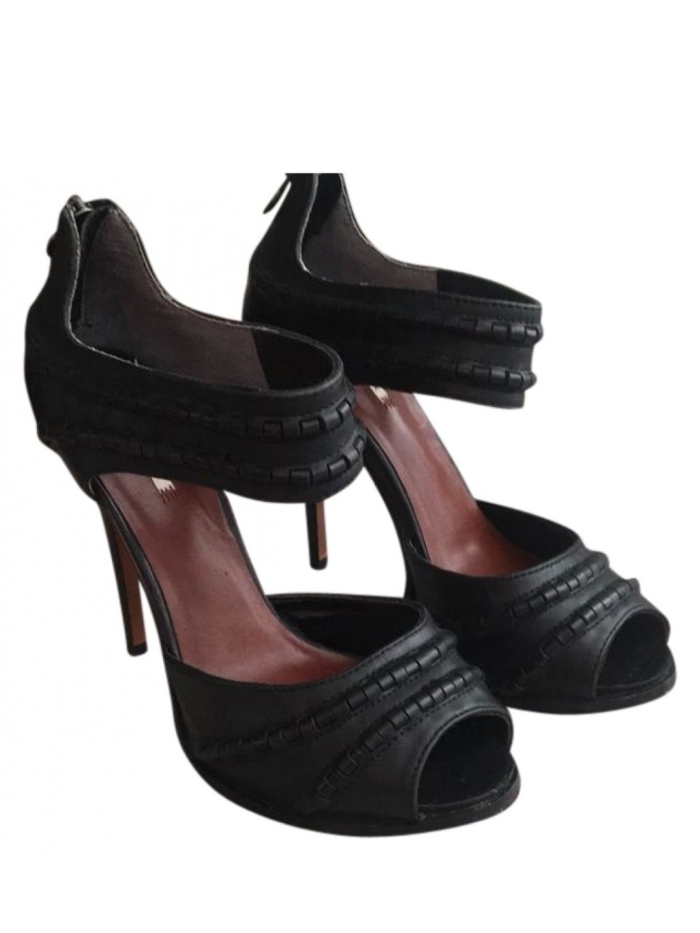 Leon Max Women's Black Leather Peep-Toe Stiletto Heels with Ankle Strap